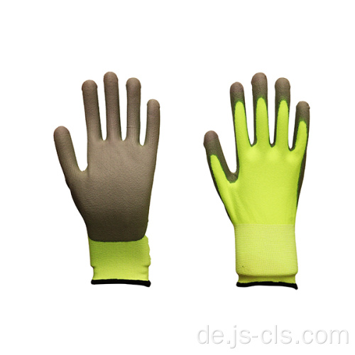 PU -Serie fluoreszierende grüne Polyester ausgekleidete Palmhandschuhe